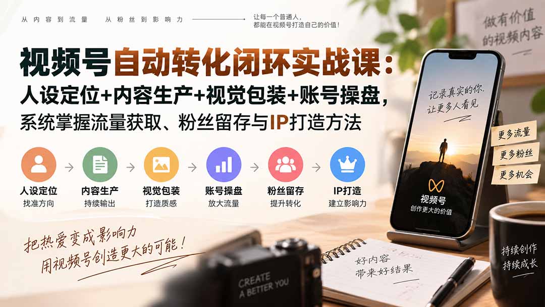 视频号自动转化闭环实战课：人设定位+内容生产+视觉包装+账号操盘，系统掌握流量获取、粉丝留存与IP打造方法-轻创终点站