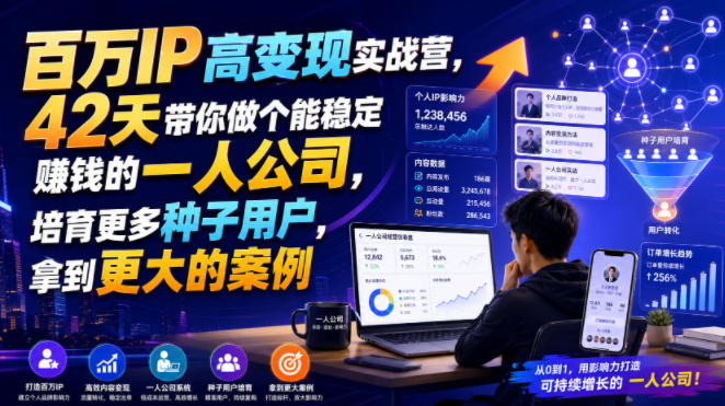 百万IP高变现实战营，42天带你做个能稳定賺钱的一人公司，培育更多种子用户，拿到更大的案例-轻创终点站