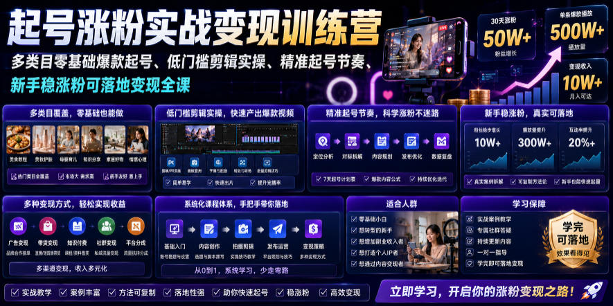 苗子起号涨粉实战变现训练营，多类目零基础爆款起号、精准起号节奏、新手稳涨粉可落地变现全课-源创文化:轻创终点站