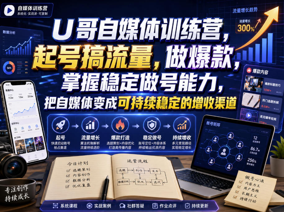 U哥自媒体训练营，起号搞流量，做爆款，掌握稳定做号能力，把自媒体变成可持续稳定的增收渠道-轻创终点站