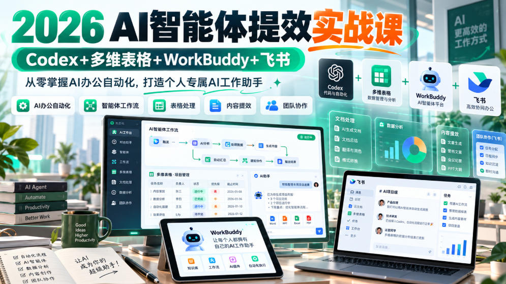 2026 AI智能体提效实战课：Codex+多维表格+WorkBuddy+飞书，从零掌握AI办公自动化，打造个人专属AI工作助手-轻创终点站