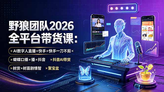 野狼团队2026全平台带货课-7月：AI数字人直播×快手一刀不剪×蝴蝶口播×抖音AI带货×树苗剧情智剪×聚宝盆-轻创终点站