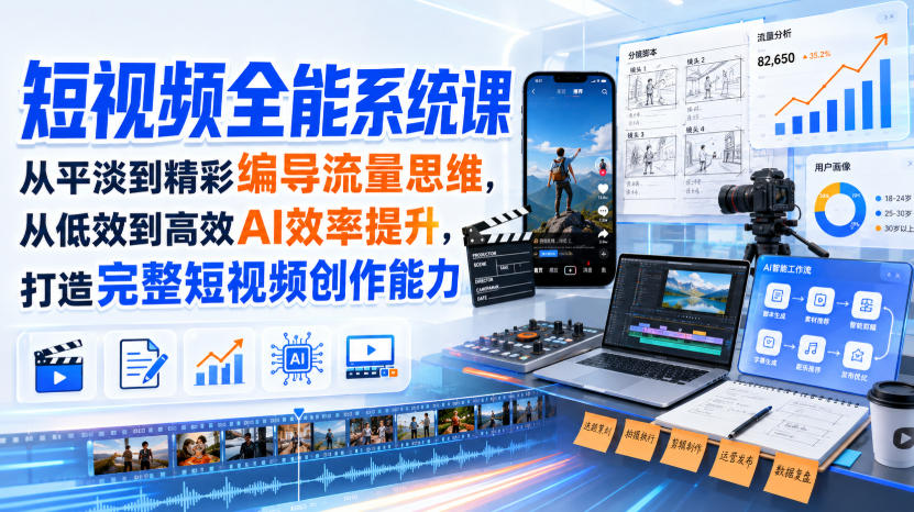 短视频全能系统课，从平淡到精彩编导流量思维，从低效到高效AI效率提升，打造完整短视频创作能力(完整版)-轻创终点站