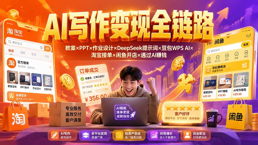 2026AI写作变现全链路：教案×PPT×作业设计×DeepSeek提示词×豆包WPS AI×淘宝接单×闲鱼开店×通过AI賺钱-轻创终点站