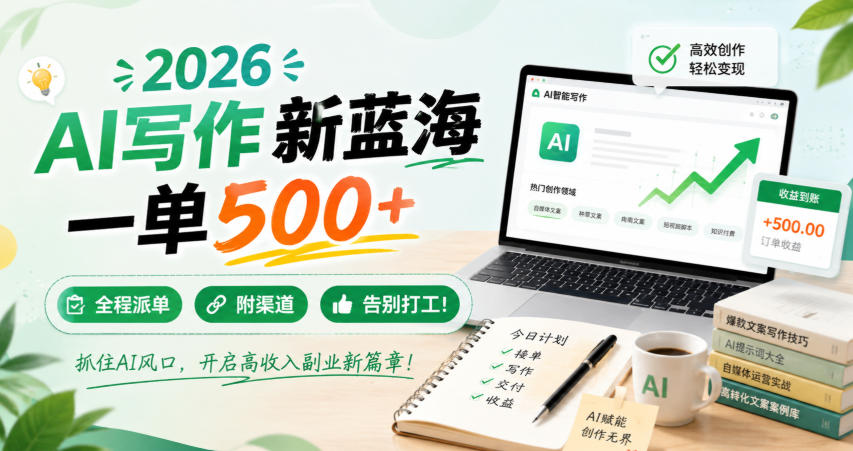 2026 AI写作新蓝海，一单500+，全程派单，附渠道，告别打工！【揭秘】-轻创终点站