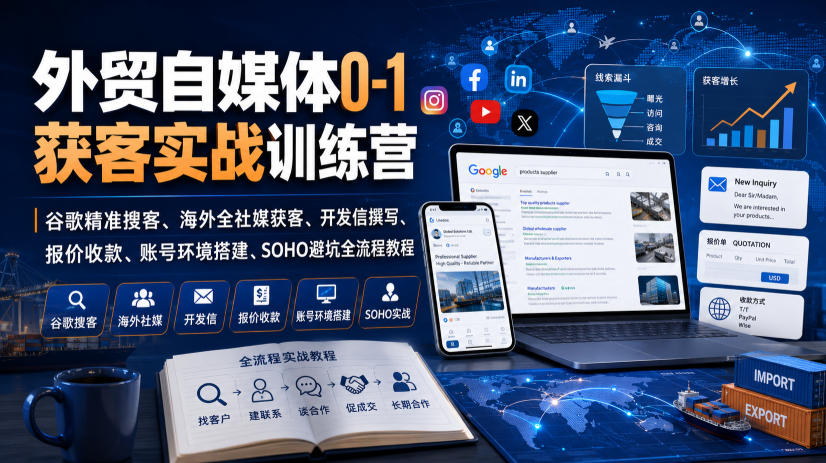 外贸自媒体0-1获客实战训练营｜谷歌精准搜客、海外全社媒获客、开发信撰写、报价收款、账号环境搭建、SOHO避坑全流程教程(更新)-轻创终点站