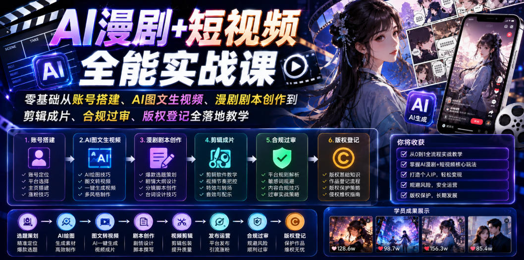 AI漫剧+短视频全能实战课|零基础从账号搭建、AI图文生视频、漫剧剧本创作到剪辑成片、合规过审、版权登记全落地教学-源创文化:轻创终点站