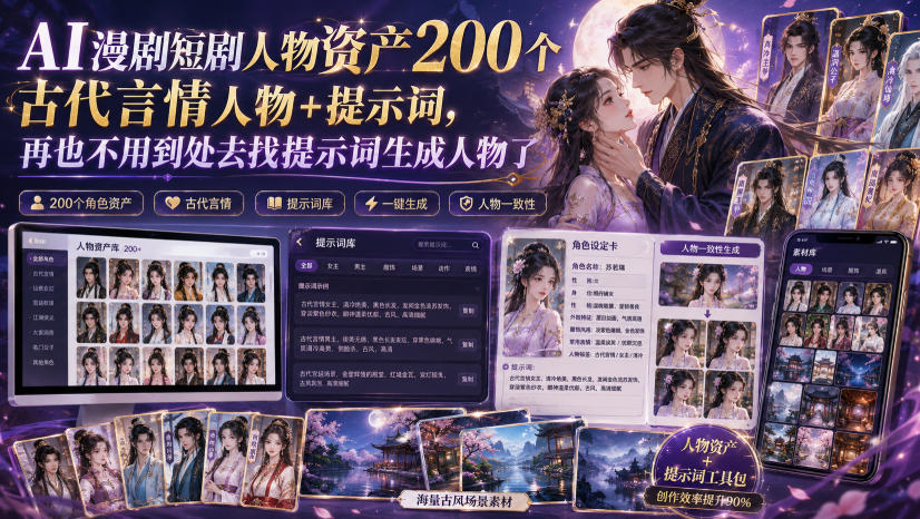 AI漫剧短剧人物资产200个古代言情人物+提示词,再也不用到处去找提示词生成人物了-轻创终点站