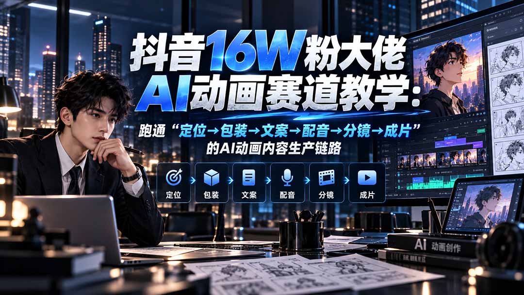 抖音16W粉大佬规则门禁AI动画赛道教学：跑通“定位→包装→文案→配音→分镜→成片”的AI动画内容生产链路-轻创终点站