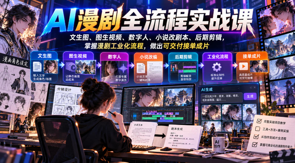 AI漫剧全流程实战课，文生图、图生视频、数字人、小说改剧本、后期剪辑，掌握漫剧工业化流程，做出可交付接单成片-轻创终点站