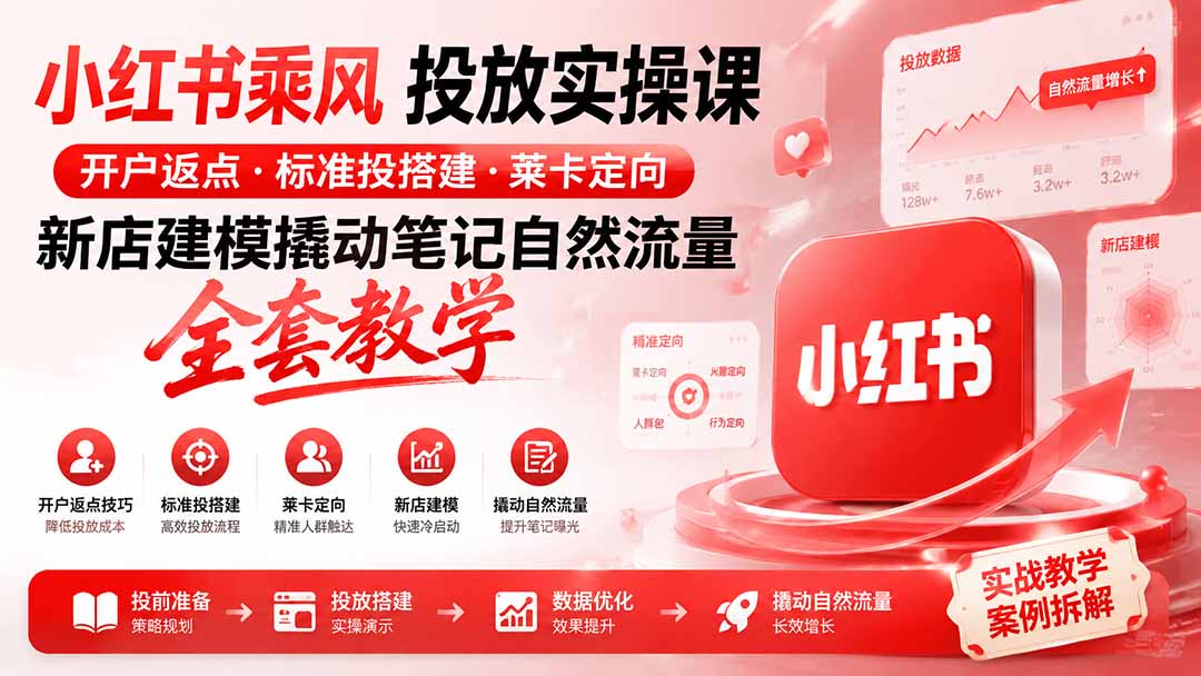 小红书乘风投放-100分钟实操课｜开户返点·标准投搭建·莱卡定向，新店建模撬动笔记自然流量全套教学-轻创终点站