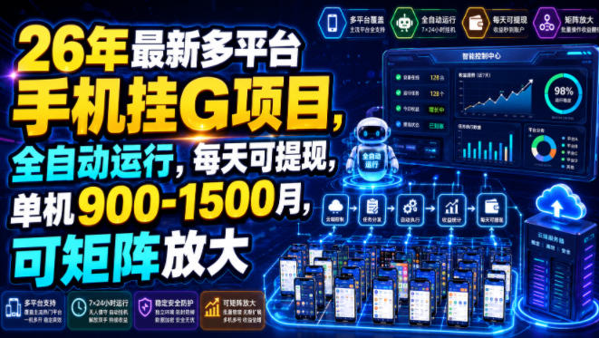 26年最新多平台手机挂G项目，全自动运行，每天可提现，单机900-1500月，可矩阵放大【揭秘】-轻创终点站