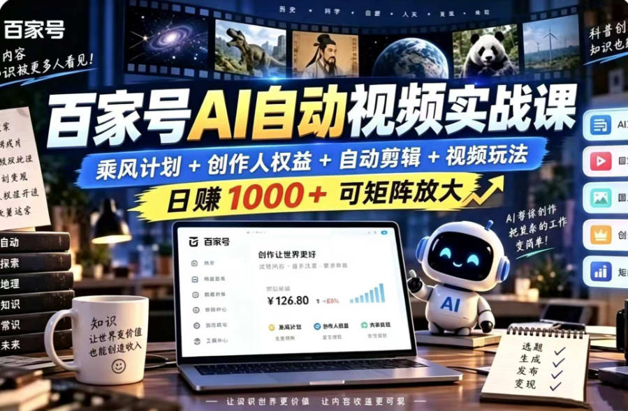 百家号自动矩阵玩法，长期可以做的项目，日入1k+，真正的睡后收入-轻创终点站
