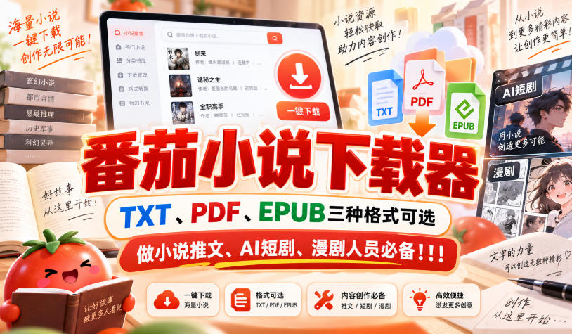 番茄小说下载器，TXT、PDF、EPUB三种格式可选，做小说推文、AI短剧、漫剧人员必备！！！-轻创终点站