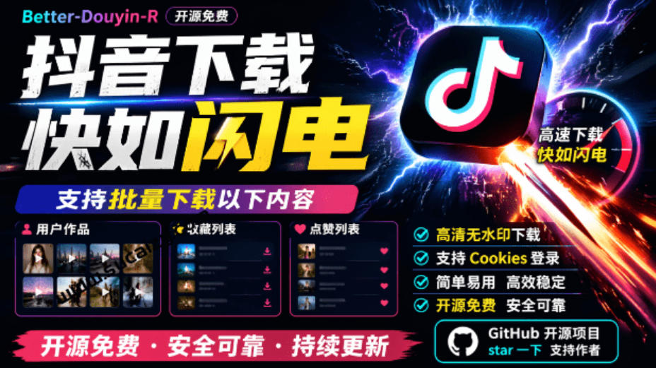 超级好用!抖音视频下载神器,支持批量下载用户作品收藏列表和点赞列表,开源完全免费Better-douyin-R-轻创终点站