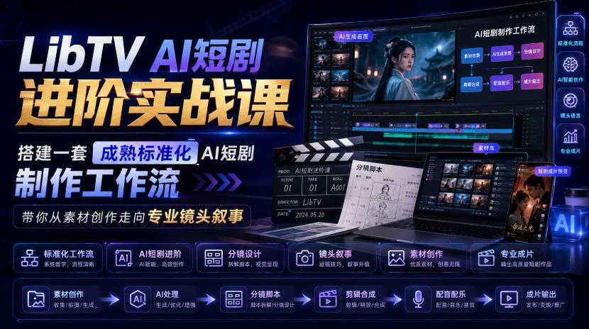 LibTV AI短剧进阶实战课，搭建一套成熟标准化AI短剧制作工作流，带你从素材创作走向专业镜头叙事-轻创终点站