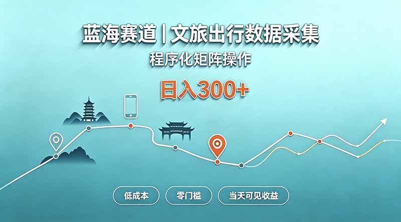 蓝海赛道  文旅出行数据采集  程序化矩阵操作    低成本  零门槛   当天可见收益   日入300+-轻创终点站