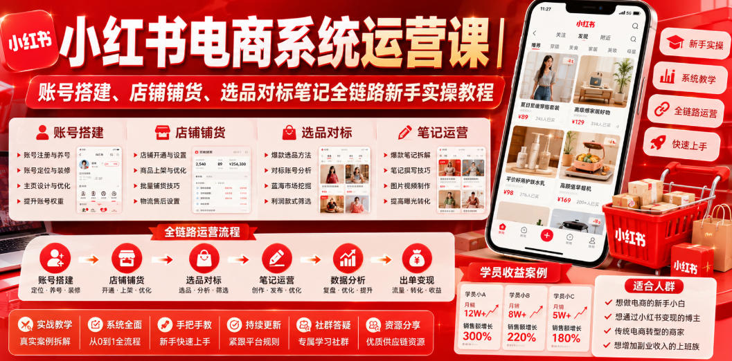 小红书电商系统运营课｜账号搭建、店铺铺货、选品对标笔记全链路新手实操教程-源创文化:轻创终点站