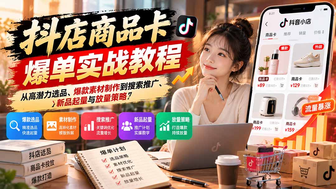 抖店商品卡爆单实战教程：从高潜力选品、爆款素材制作到搜索推广、新品起量与放量策略-轻创终点站