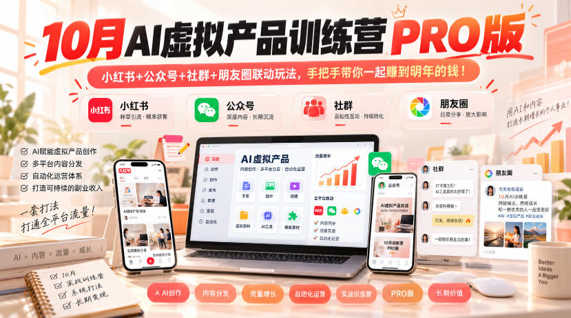 10月AI虚拟产品训练营PRO版，小红书+公众号+社群+朋友圈联动玩法，手把手带你一起赚到明年的钱！-轻创终点站