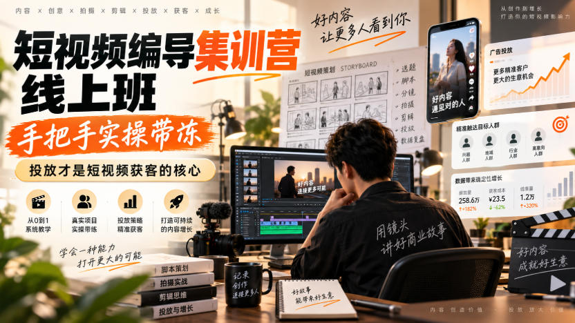 短视频编导集训营线上班，手把手实操带冻，投放才是短视频获客的核心-轻创终点站