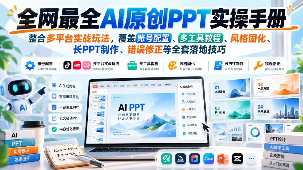 全网最全AI原创PPT实操手册，整合多平台实战玩法，覆盖账号配置、多工具教程、风格固化、长PPT制作、错误修正等全套落地技巧-轻创终点站