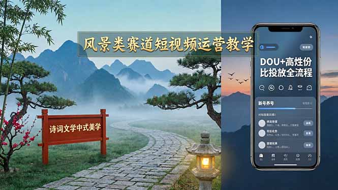 风景类赛道短视频运营教学:诗词文学中式美学,新号养号对标账号定位,DOU+高性价比投放全流程-源创文化:轻创终点站