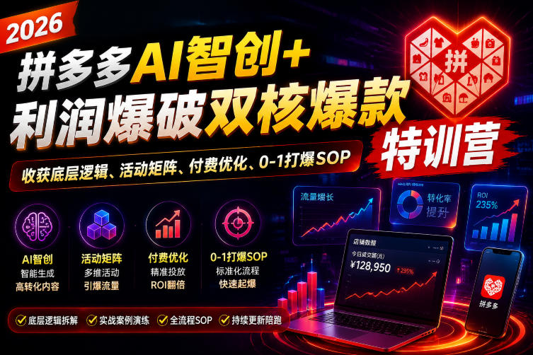 2026拼多多AI智创+利润爆破双核爆款特训营，收获底层逻辑、活动矩阵、付费优化、0-1打爆SOP(更新0727)-轻创终点站