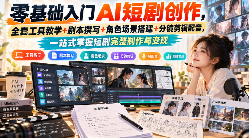 零基础入门AI短剧创作,全套工具教学+剧本撰写+角色场景搭建+分镜剪辑配音,一站式掌握短剧完整制作与变现-轻创终点站