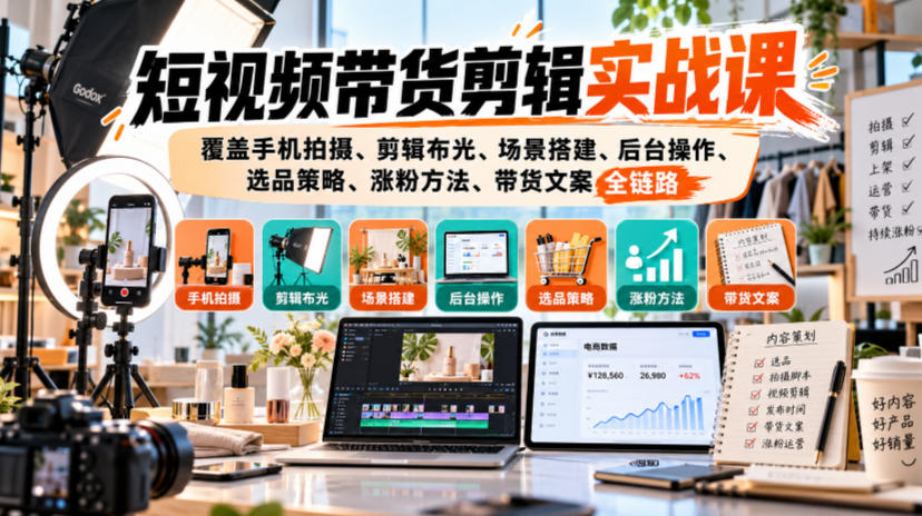 短视频带货剪辑实战课，覆盖手机拍摄、剪辑布光、场景搭建、后台操作、选品策略、涨粉方法、带货文案全链路-轻创终点站
