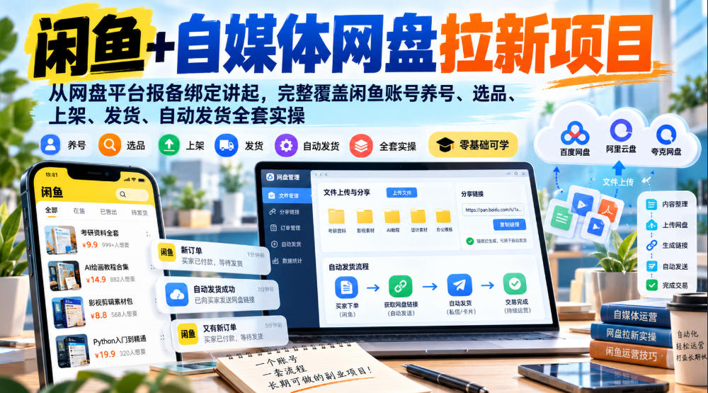 闲鱼+自媒体网盘拉新项目，从网盘平台报备绑定讲起，完整覆盖闲鱼账号养号、选品、上架、发货、自动发货全套实操-轻创终点站
