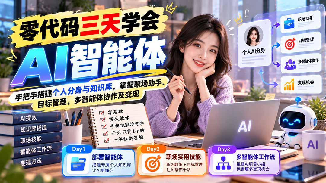 【无水印】零代码三天学会AI智能体：手把手搭建个人分身与知识库，掌握职场助手、目标管理、多智能体协作及变现-轻创终点站