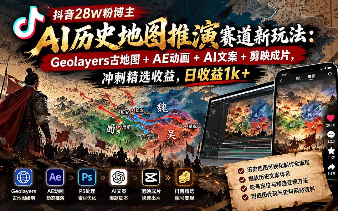 抖音28W粉博主AI历史地图推演赛道新玩法：Geolayers古地图+AE动画+AI文案+剪映成片，冲刺精选收益，日收益1k+-轻创终点站