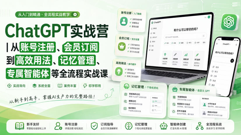 ChatGPT实战营｜从账号注册、会员订阅到高效用法、记忆管理、专属智能体等全流程实战课-轻创终点站