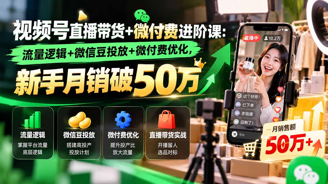 视频号直播带货+微付费进阶课-更新1010：流量逻辑+微信豆投放+微付费优化，新手月销破50万-轻创终点站