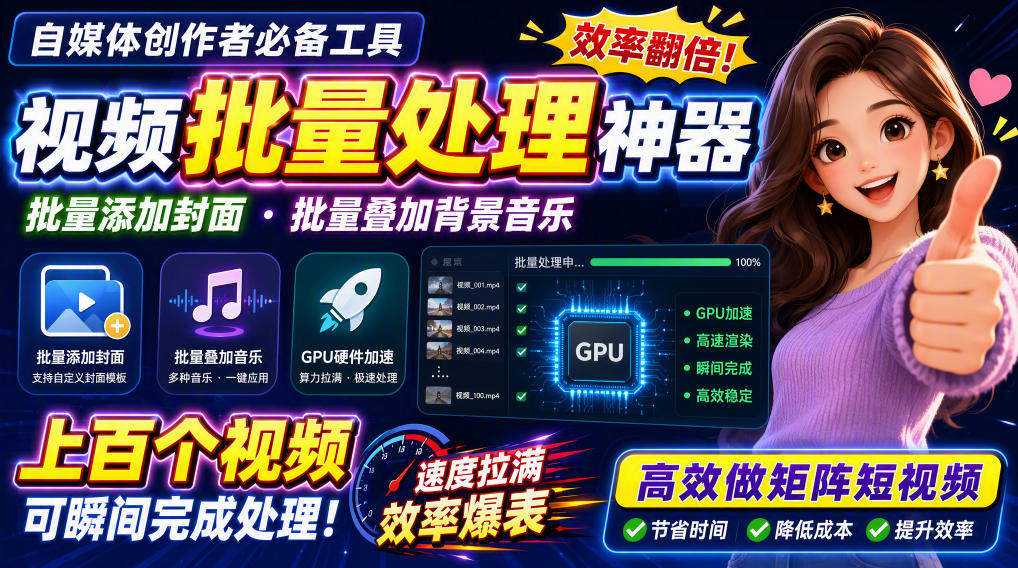 视频批量加封面,把封面添加到视频第一帧,不用剪辑软件批量添加
