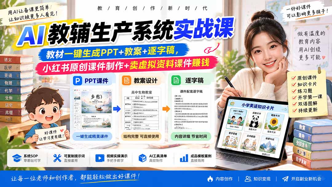 AI教辅生产系统实战课-更新0926｜教材一键生成PPT+教案+逐字稿，小红书原创课件制作+卖虚拟资料课件赚钱-轻创终点站