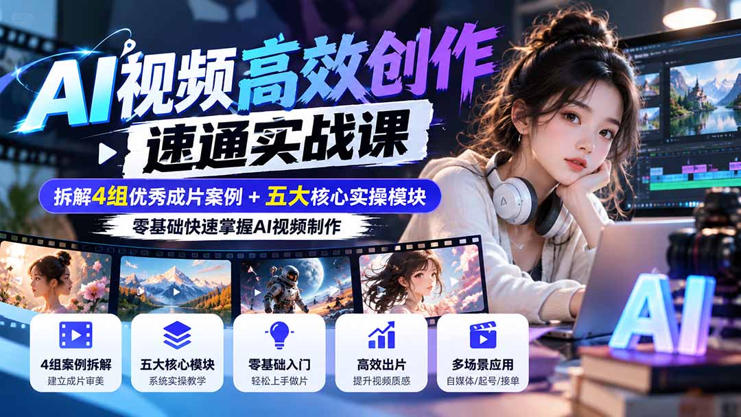 【无水印】AI视频高效创作速通实战课:拆解4组优秀成片案例+五大核心实操模块,零基础快速掌握AI视频制作-轻创终点站