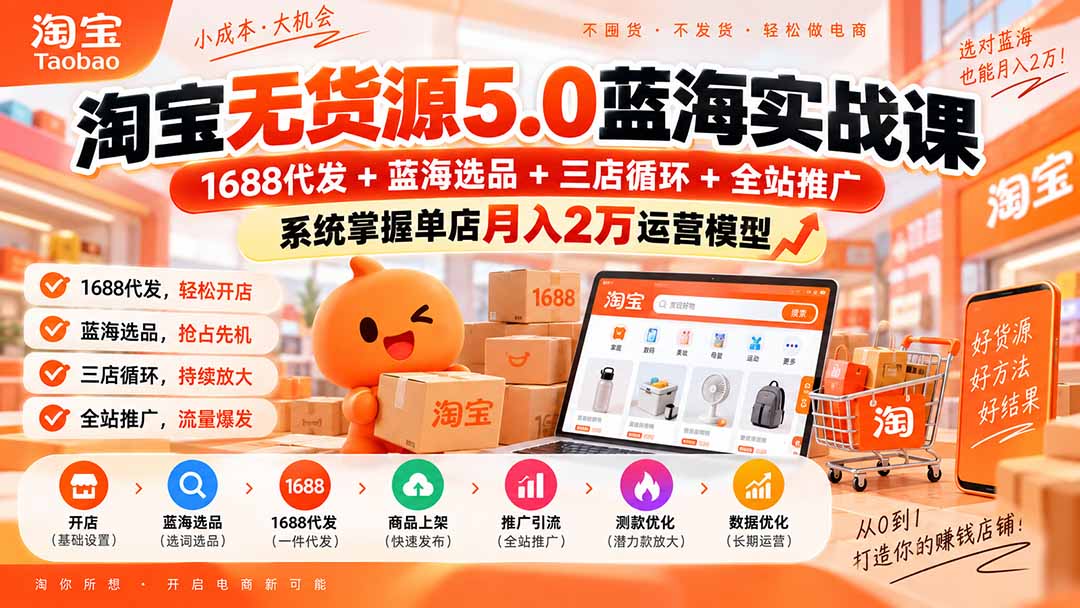 淘宝无货源5.0蓝海实战课-更新：1688代发+蓝海选品+三店循环+全站推广，系统掌握单店月入2万运营模型-轻创终点站
