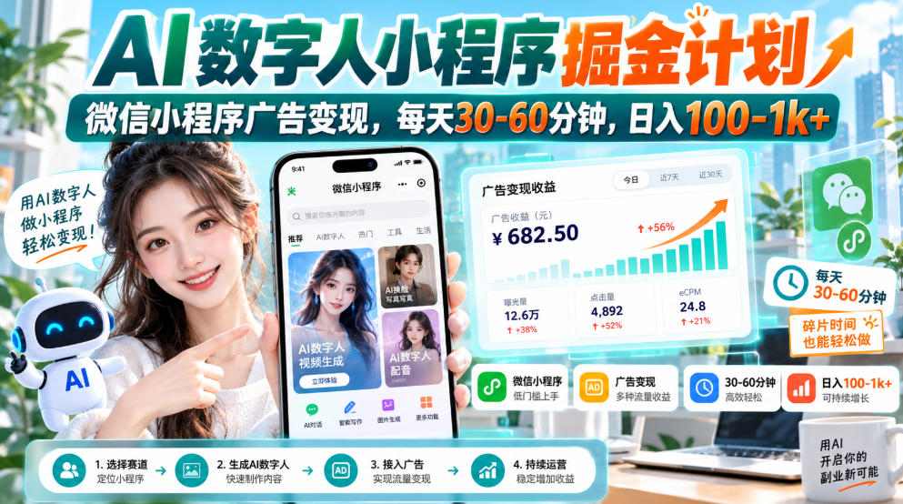【无水印】AI数字人小程序掘金计划，微信小程序广告变现，每天30‑60分钟，日入100‑1k+-轻创终点站