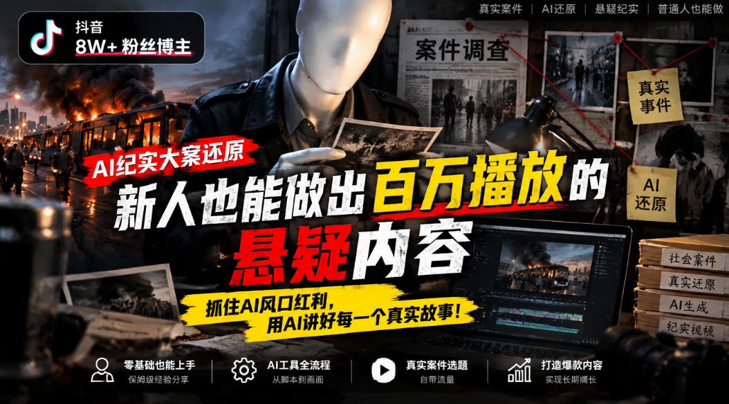 抖音8W粉丝博主的AI纪实大案还原教学，新人也能做出百W播放的悬疑内容，抓住AI风口红利，用AI讲好每一个真实故事(更新1014)-轻创终点站