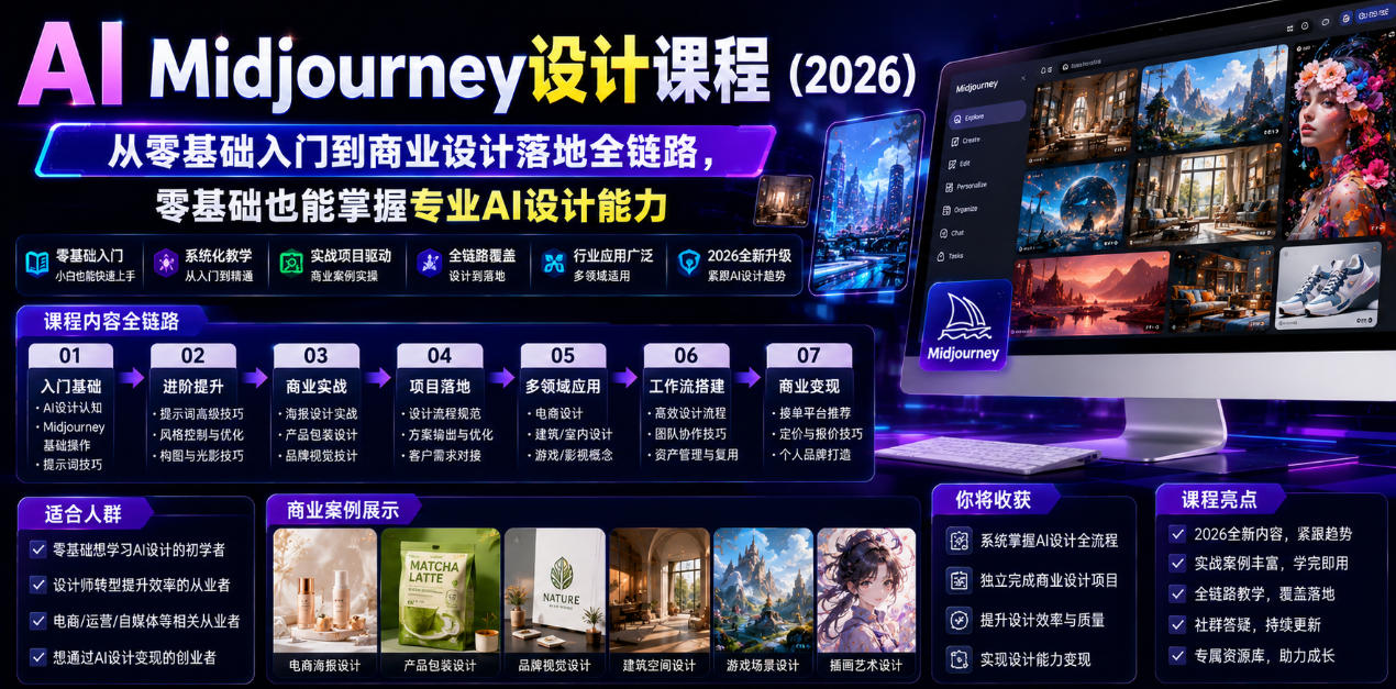 AI Midjourney设计课程(2026)，从零基础入门到商业设计落地全链路，零基础也能掌握专业AI设计能力(更新0913)-轻创终点站
