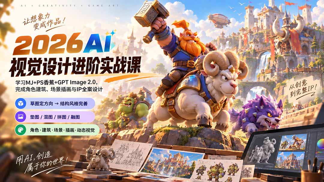 2026AI视觉设计进阶实战课-更新：学习MJ+PS香蕉+GPT Image 2.0，完成角色建筑、场景插画与IP全案设计-轻创终点站