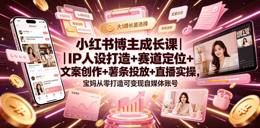 小红书博主成长课|IP人设打造+赛道定位+文案创作+薯条投放+直播实操,宝妈从零打造可变现自媒体账号-源创文化:轻创终点站