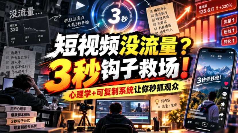 【无水印】短视频没流量？3秒钩子救场！心理学+可复制系统让你秒抓观众【原创双语字幕】-轻创终点站