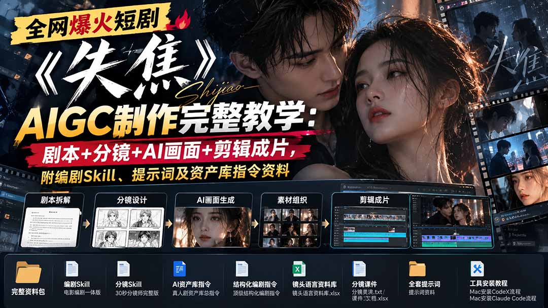 全网爆火短剧《失焦》AIGC制作完整教学：剧本+分镜+AI画面+剪辑成片，附编剧Skill、提示词及资产库指令资料-轻创终点站