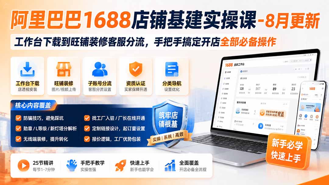 阿里巴巴1688店铺基建实操课-8月更新；工作台下载到旺铺装修客服分流，手把手搞定开店全部必备操作-轻创终点站