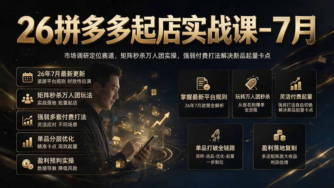 26拼多多起店实战课-7月｜市场调研定位赛道，矩阵秒杀万人团实操，强弱付费打法解决新品起量卡点-轻创终点站