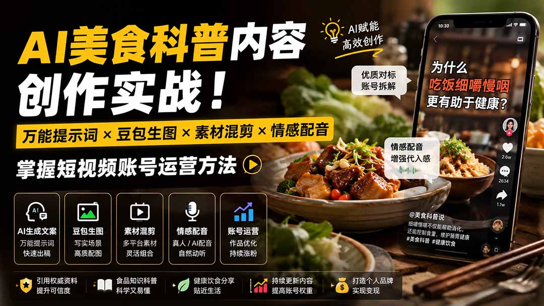 外面卖199元-AI美食科普内容创作实战！万能提示词×豆包生图×素材混剪×情感配音，掌握短视频账号运营方法-轻创终点站