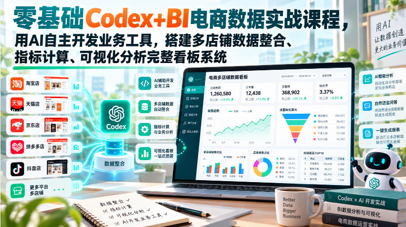 零基础Codex+BI电商数据实战课程，用AI自主开发业务工具，搭建多店铺数据整合、指标计算、可视化分析完整看板系统-轻创终点站